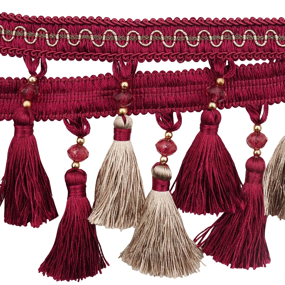 ruban franges rouge bordeaux beige clair decoratif textile maison bordure pompons 11cm