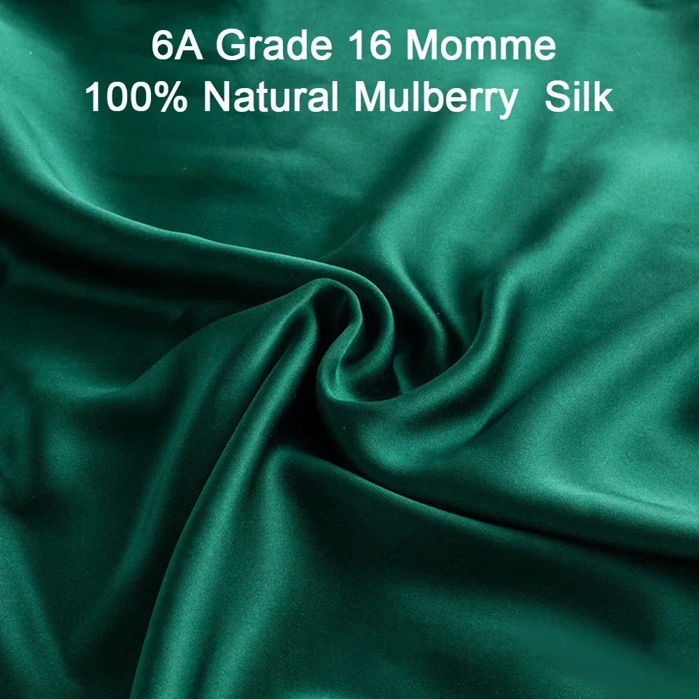 ensemble taie d'oreiller masque sommeil scrunchie soie naturelle vert foncé satiné élégant moderne