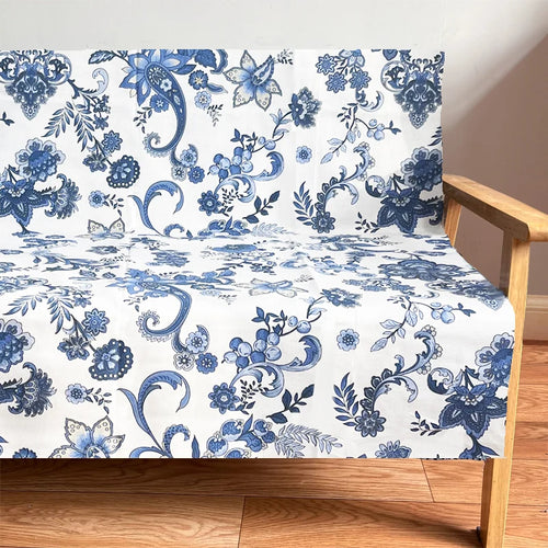 tissu coton toile imprimé fleurs motif floral bleu blanc rideaux housse canapé nappe