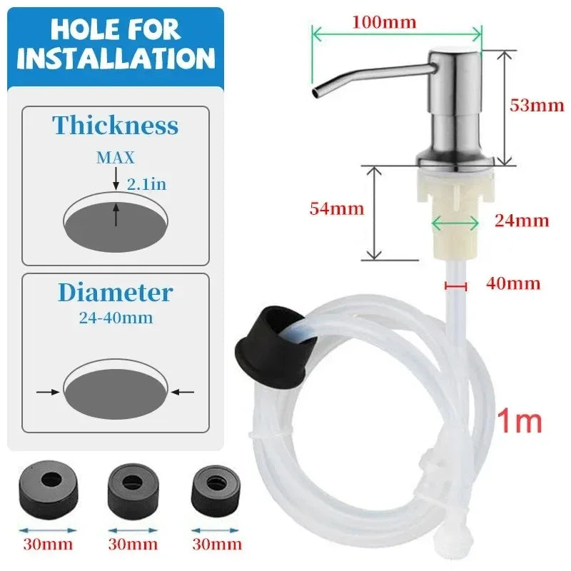 distributeur savon liquide argenté noir moderne fixation vis tube silicone bouchon valve sécurité flacon