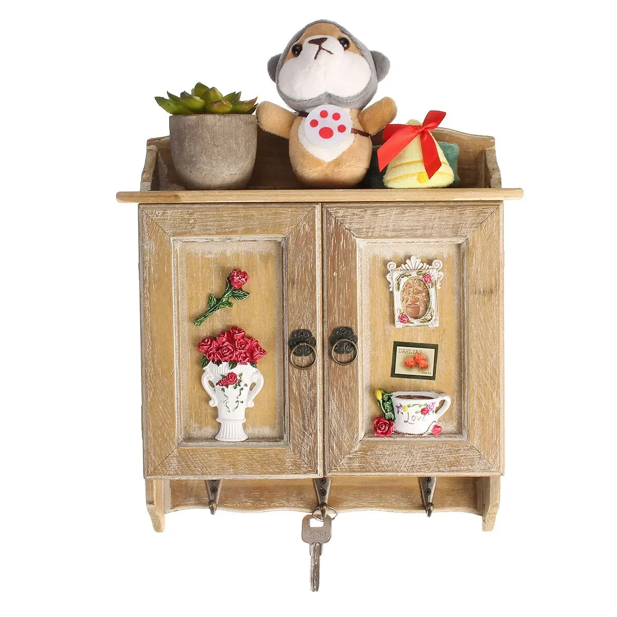 armoire murale vintage bois clair portes crochets porte clefs deco fleurs ours peluche