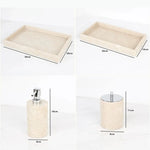 ensemble salle bain moderne marbre beige flacon savon désinfectant boîte cotons tiges rangement accessoires