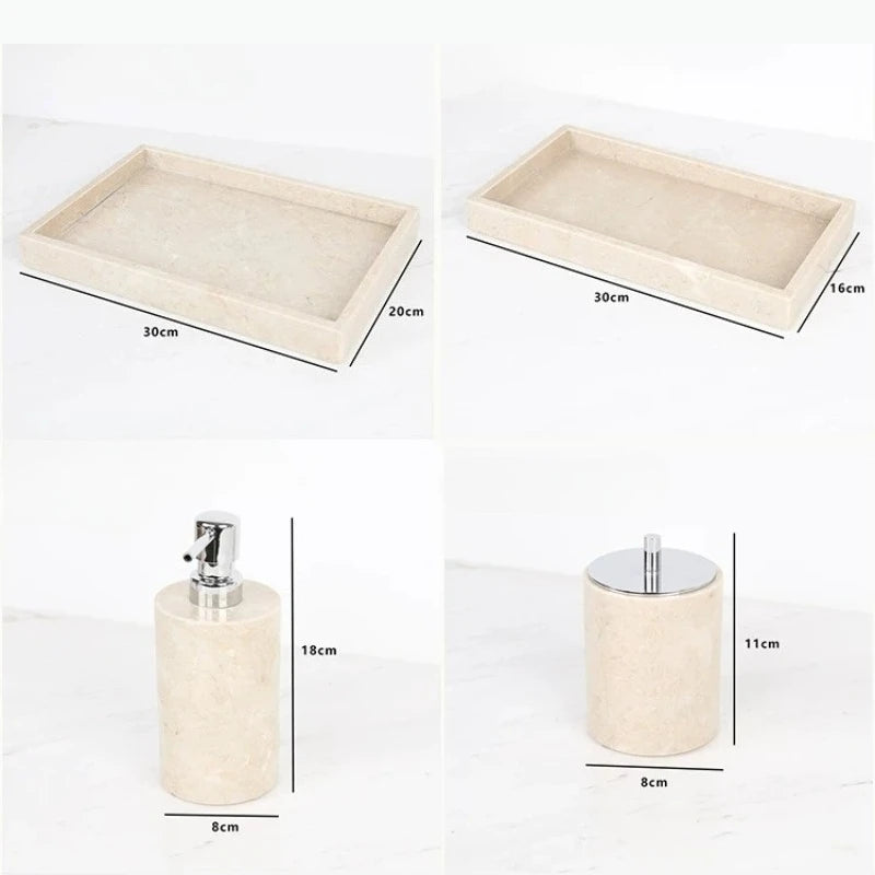 ensemble salle bain moderne marbre beige flacon savon désinfectant boîte cotons tiges rangement accessoires
