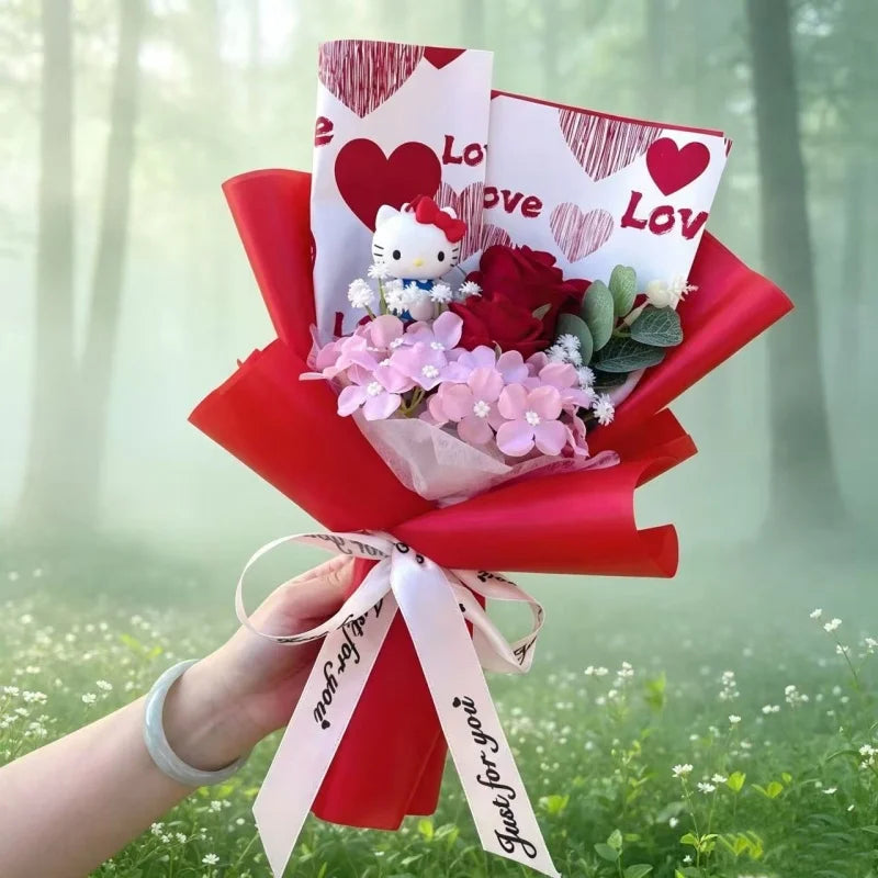 bouquet fleurs artificielles rose blanches hello kitty coeurs romantique décoration intérieur anniversaire mariage