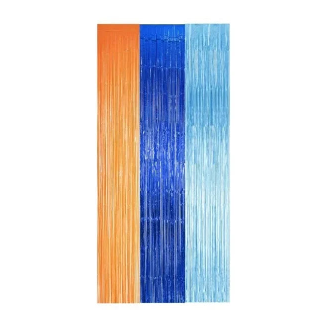 rideau festif orange bleu rayures brillantes décoration anniversaire enfant école événement ornement transparent festif