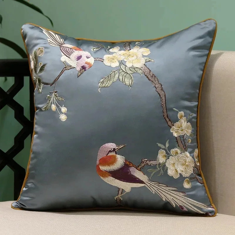 taie d'oreiller brodée oiseau pavillon fleurs 45x45cm polyester bleu clair rouge beige decorative sofa