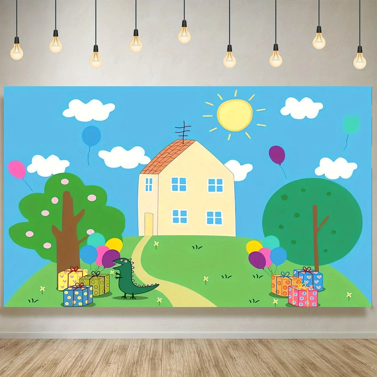 décoration anniversaire toile fond paysage cartoon ballons cadeaux arbres maison festive