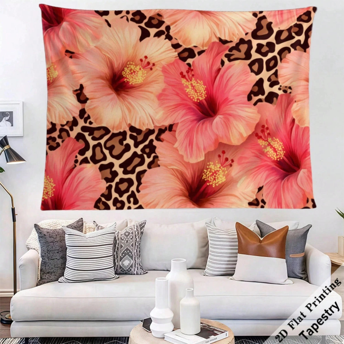 tapisserie moderne imprimée léopard fleurs rose couleur rose beige noir blanc décoration murale grande