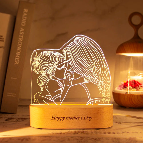 veilleuse lampe poser bois naturel dessin deux personnes fleurs gravure moderne minimaliste câble alimentation