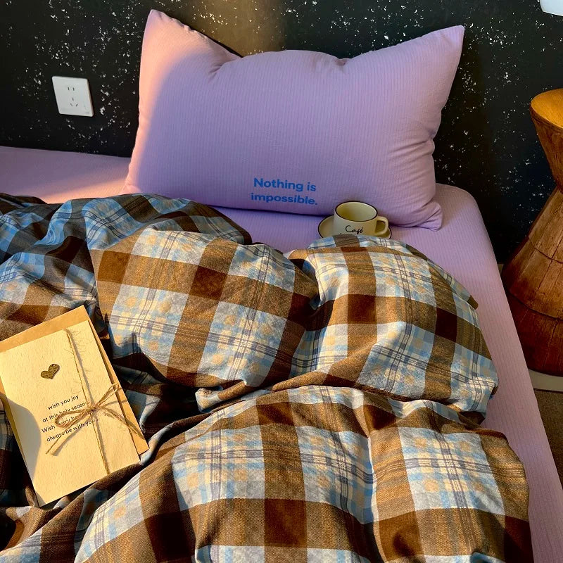 ensemble literie carreaux marron bleu rose moderne literie adulte taille queen draps taies d'oreiller