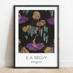 Cette image montre une œuvre de E.A. Séguy intitulée "Samarkande" datant de 1914. L'illustration présente des formes organiques et florales dans des tons vifs sur un fond sombre, créant une atmosphère mystérieuse et exotique.