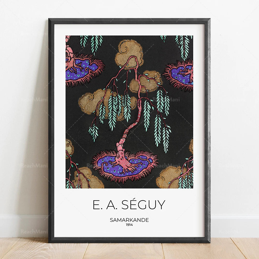 Cette image montre une œuvre de E.A. Séguy intitulée "Samarkande" datant de 1914. L'illustration présente des formes organiques et florales dans des tons vifs sur un fond sombre, créant une atmosphère mystérieuse et exotique.
