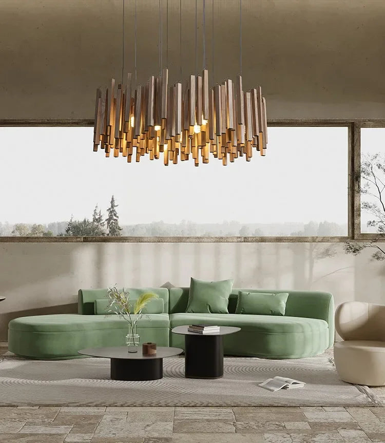 suspension lumineuse bois moderne ligne verticale marron clair finition brillante led scandinave