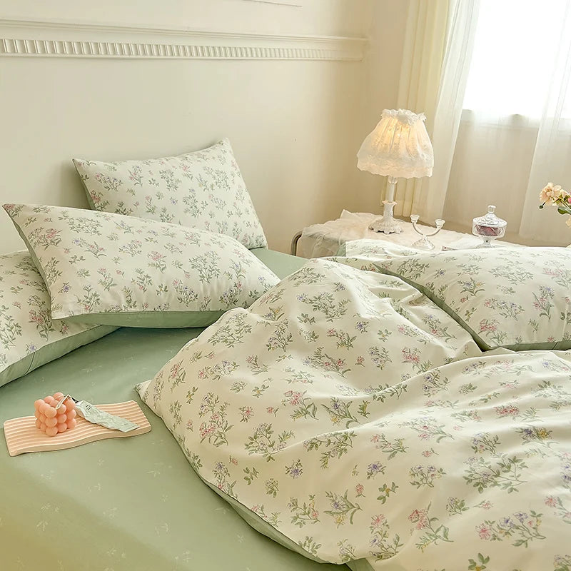 ensemble literie floral blanc vert clair rose violette couvre lit taies oreiller classique printemps