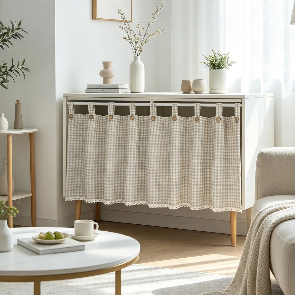 rideau tab top carreaux beige gris moderne rustique opulent dentelle
