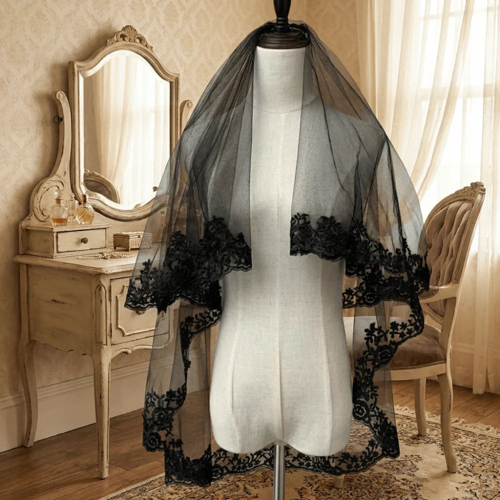 voile mariée dentelle noire blanche transparente classique élégante accessoire photo halloween fantôme double couche