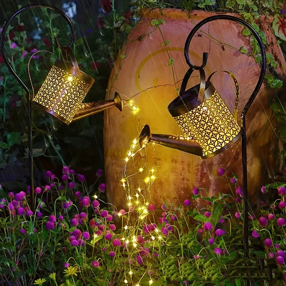 arrosoir lumineux solaire or noir artisanal rustique interrupteur panneau solaire crochets métalliquesextérieur led jardin
