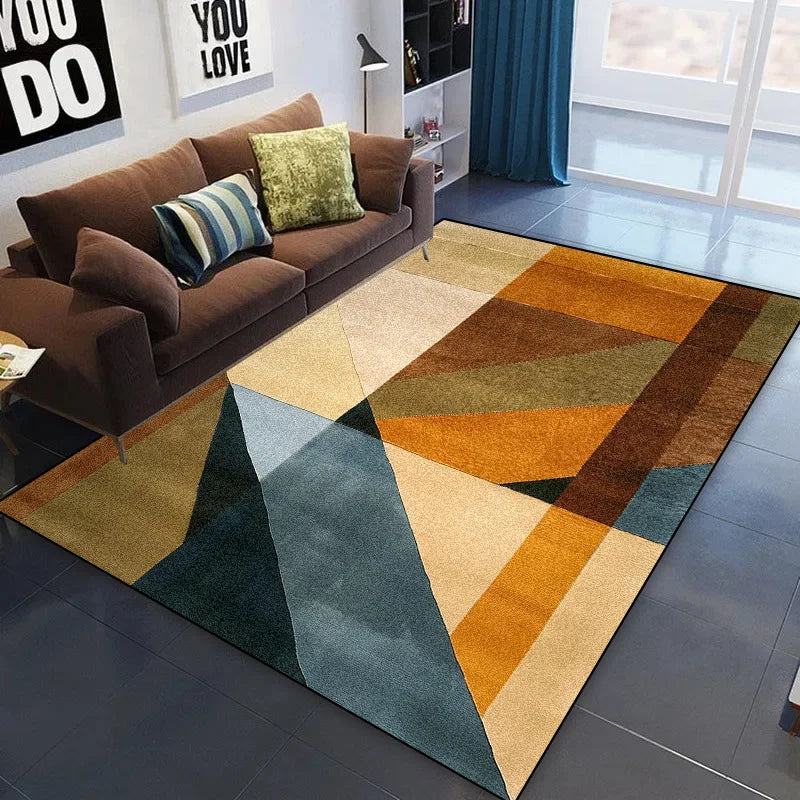 Un tapis géométrique coloré aux tonalités chaudes et froides, créant une ambiance moderne et élégante dans ce salon.