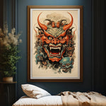 Une illustration effrayante mais fascinante d'un démon aux cornes rouges enveloppé dans des nuages sombres.