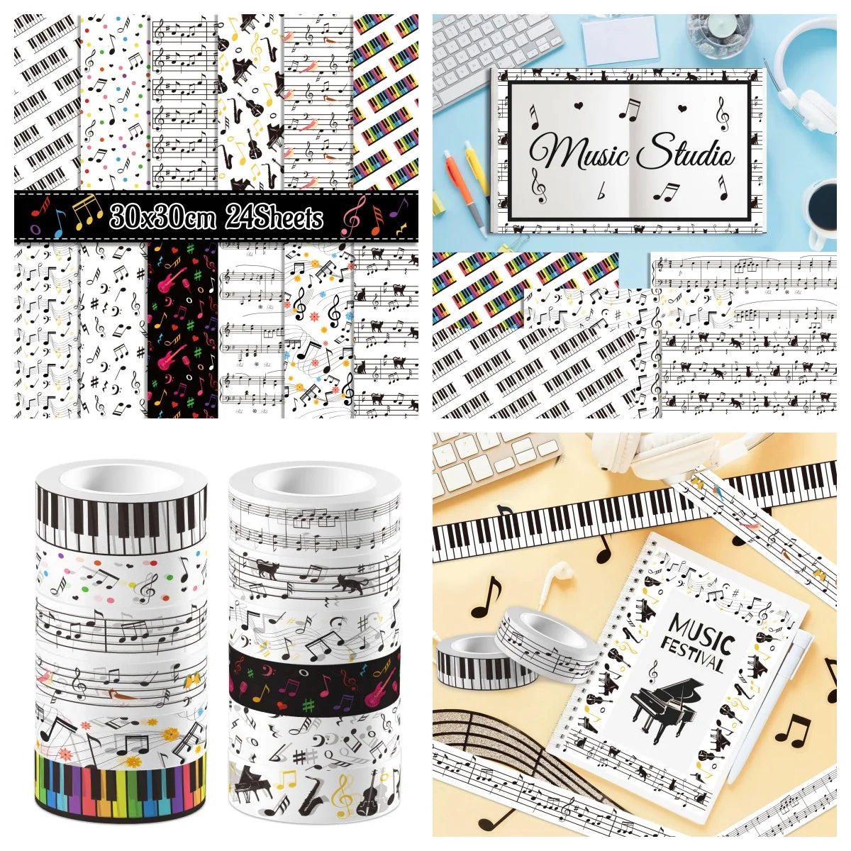 papier autocollant notes musicales blanc noir anniversaire mariage halloween scrapbooking cahier ciseaux stylos
