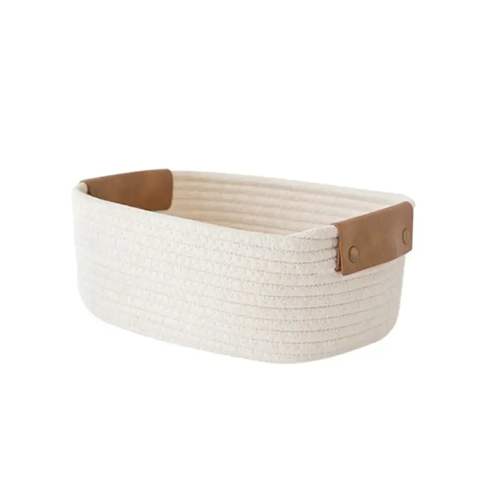 paniers rangement tissés main khaki clair blanc modernes rustiques poignées cuir eco friendly