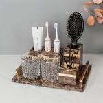 ensemble salle bain marbre moderne marron doré distributeur savon tasse brosse dents adhésif