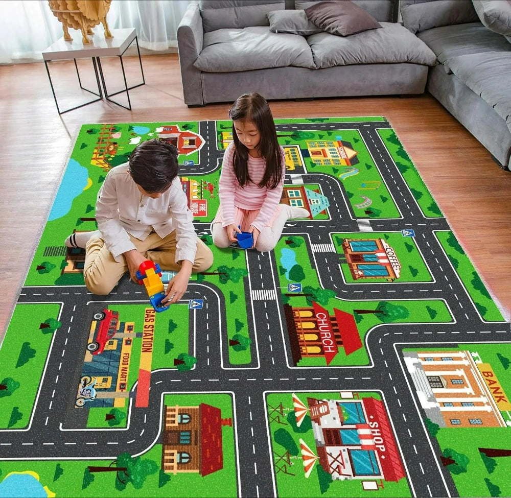 tapis jeu urbain motifs routes bâtiments enfants moderne 50x80cm 60x90cm 80x120cm 120x160cm 140x200cm