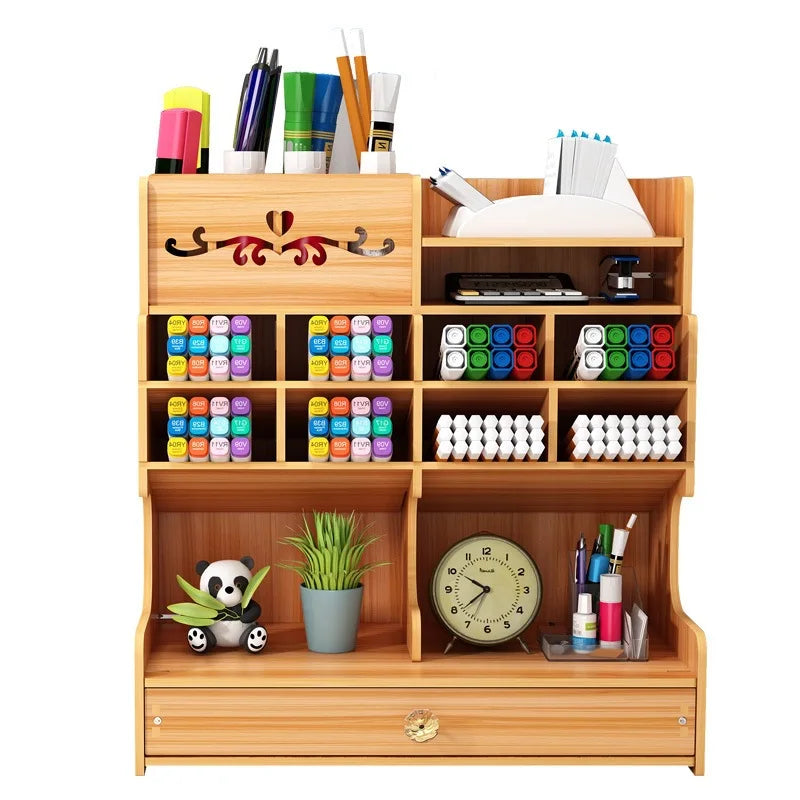 meuble rangement moderne bois naturel clair noir décoratif fonctionnel horloge étiquettes stylos crayons papier