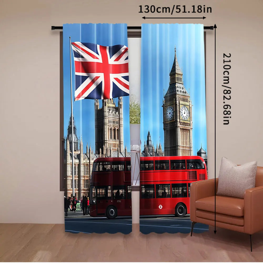 rideau polyester opaque moderne paysage big ben drapeau britannique bus double étage bleu blanc