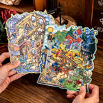 sticker vintage steampunk puzzle livre ouvert illustration détaillée personnages bâtiments floral multicolore enfants