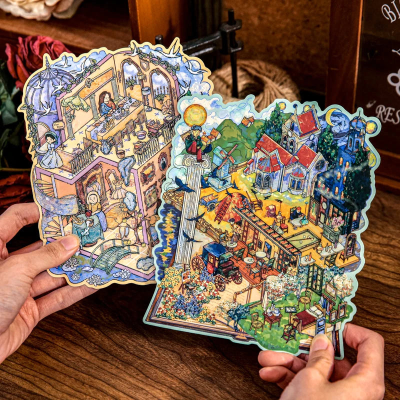 sticker vintage steampunk puzzle livre ouvert illustration détaillée personnages bâtiments floral multicolore enfants