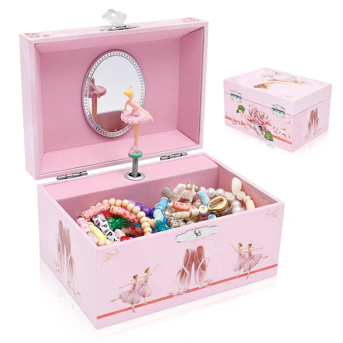 boîte bijoux musicale danseuses ballet miroir poupée rotative bracelets colliers rose clair motifs floraux