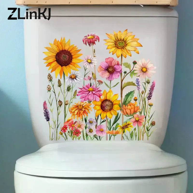 sticker adhésif moderne multicolore tournesol fleurs herbes sauvages décoration wc toilettes couvercle réfrigérateur illustration