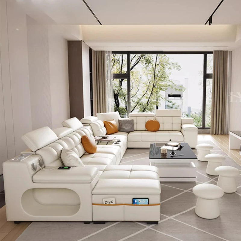canapé d'angle blanc moderne coussins décoratifs adhésif salon bois minimaliste