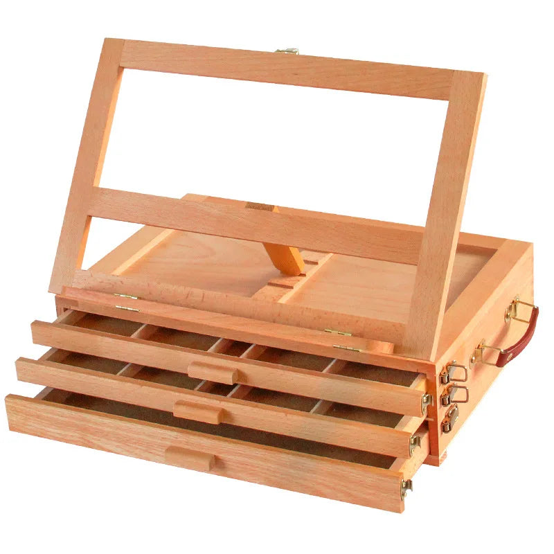 tableau peinture pliable tiroirs compartiments bois naturel classique clips poignées transport artiste atelier