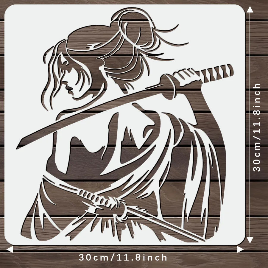 Stencil blanc samouraï femme épée art traditionnel peinture tissu toile murale decoration artisanale DIY