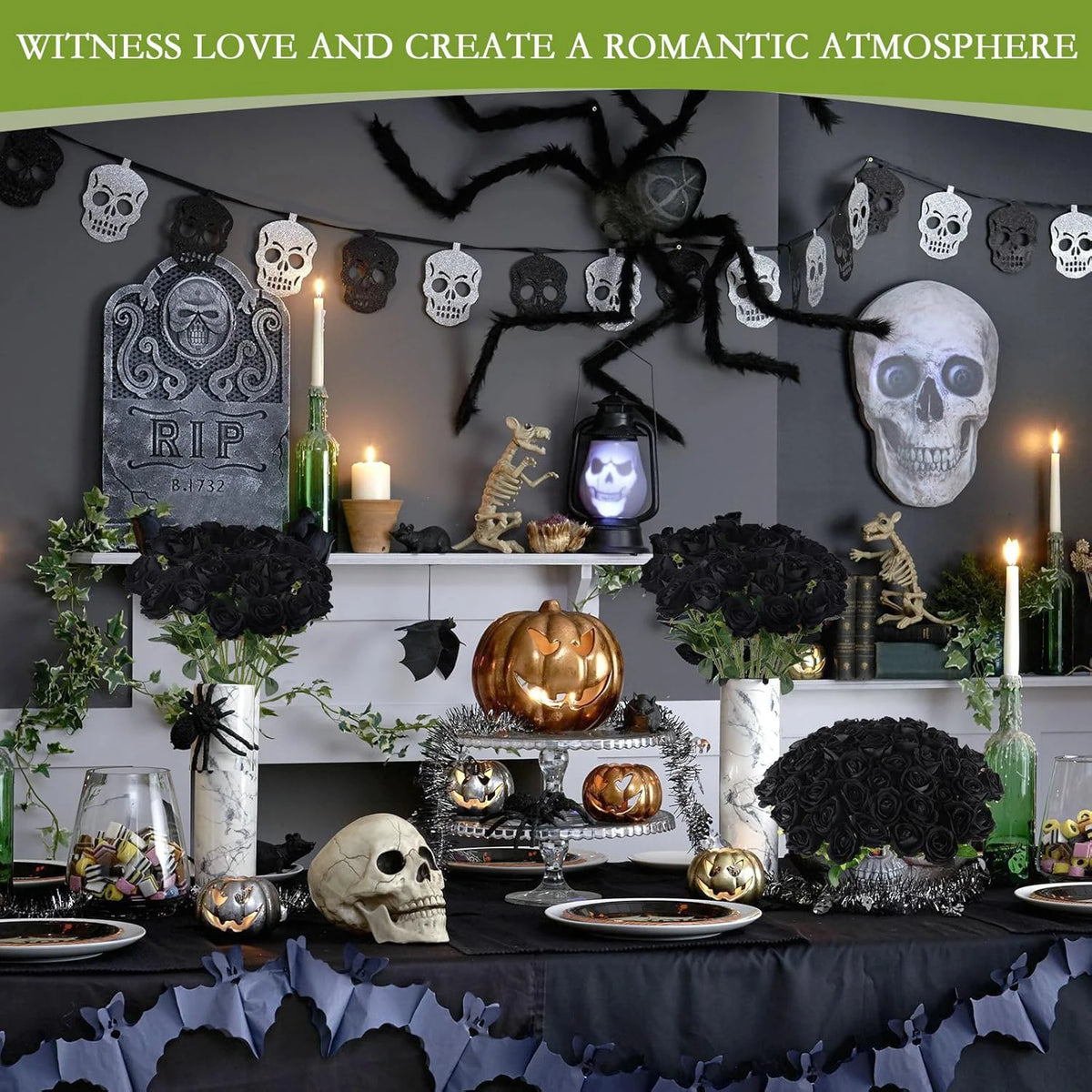 décoration intérieure roses artificielles soie noires rouges halloween mariage anniversaire élégantes vases bougies