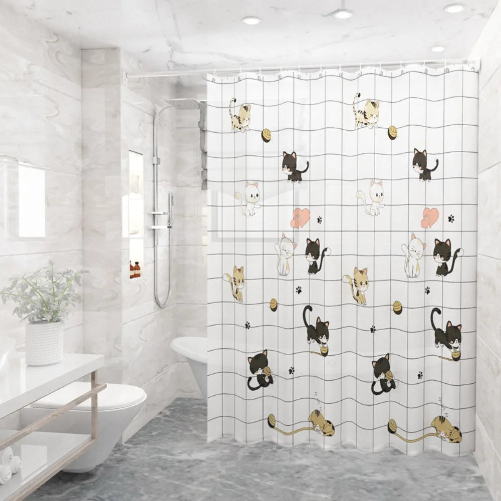rideau douche moderne opaque motifs chats fleurs polyester blanc rose
