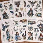 autocollants fantaisie personnages oiseaux floraux transparent adhésif bleu gris blanc noir scrapbooking décoration verre