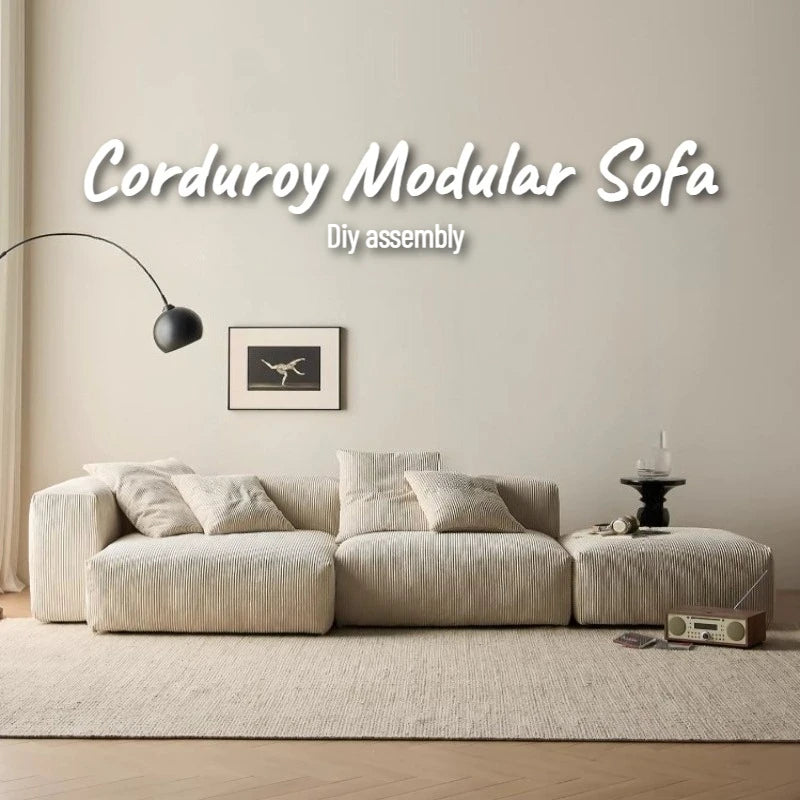 canapé modulaire velours rayures beige clair moderne salon bois oreillers minimaliste