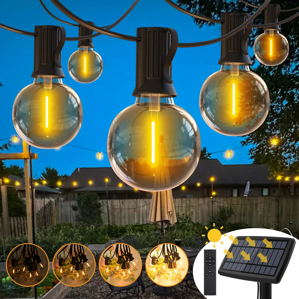 guirlande lumineuse solaire transparente jaune doré 42 ampoules led 4400mAh ip44 vintage clips