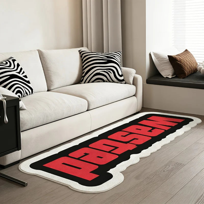 tapis blanc lettres wasted moderne bordure ondulée polyester antidérapant intérieur extérieur chambre salon