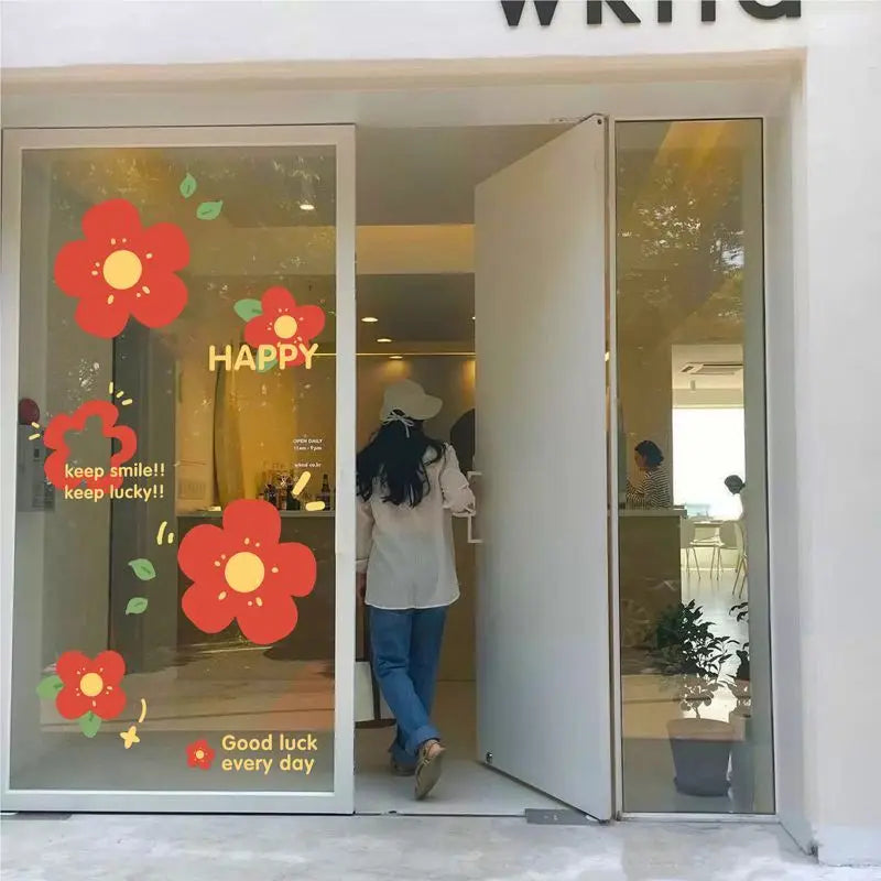 autocollants fleurs simples adhésifs decoration murale diy rouge jaune vert minimaliste opaques portes fenetres