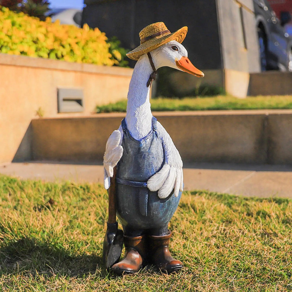 statue canard résine jardin décoration animaux plumes vêtements chapeau bottes salopette festiveextérieur rustic