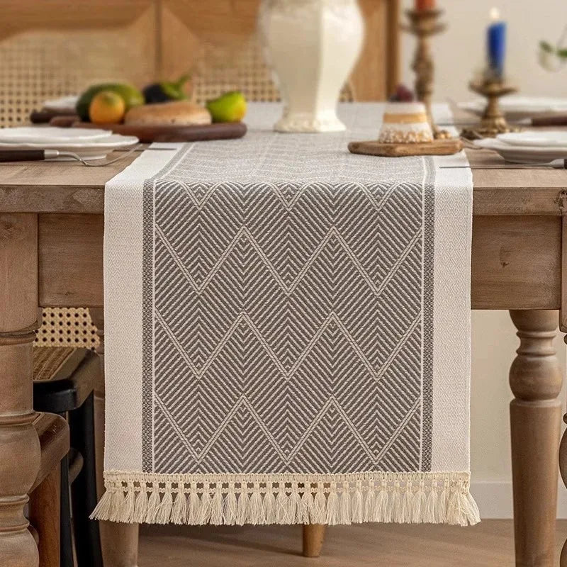 chemin table moderne motif géométrique beige gris clair tissu polyester opaque