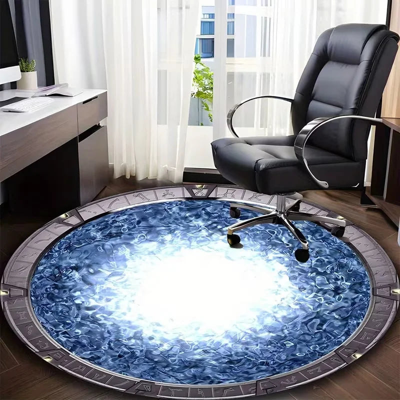 tapis rond moderne bleu gris noir texture eau motif géométrique antidérapant salon chambre crèche