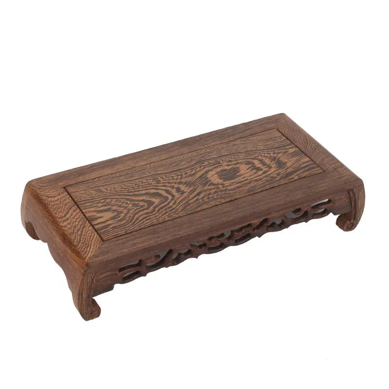 support présentation bois sculpté marron foncé grain naturel classique artisanal stand unique