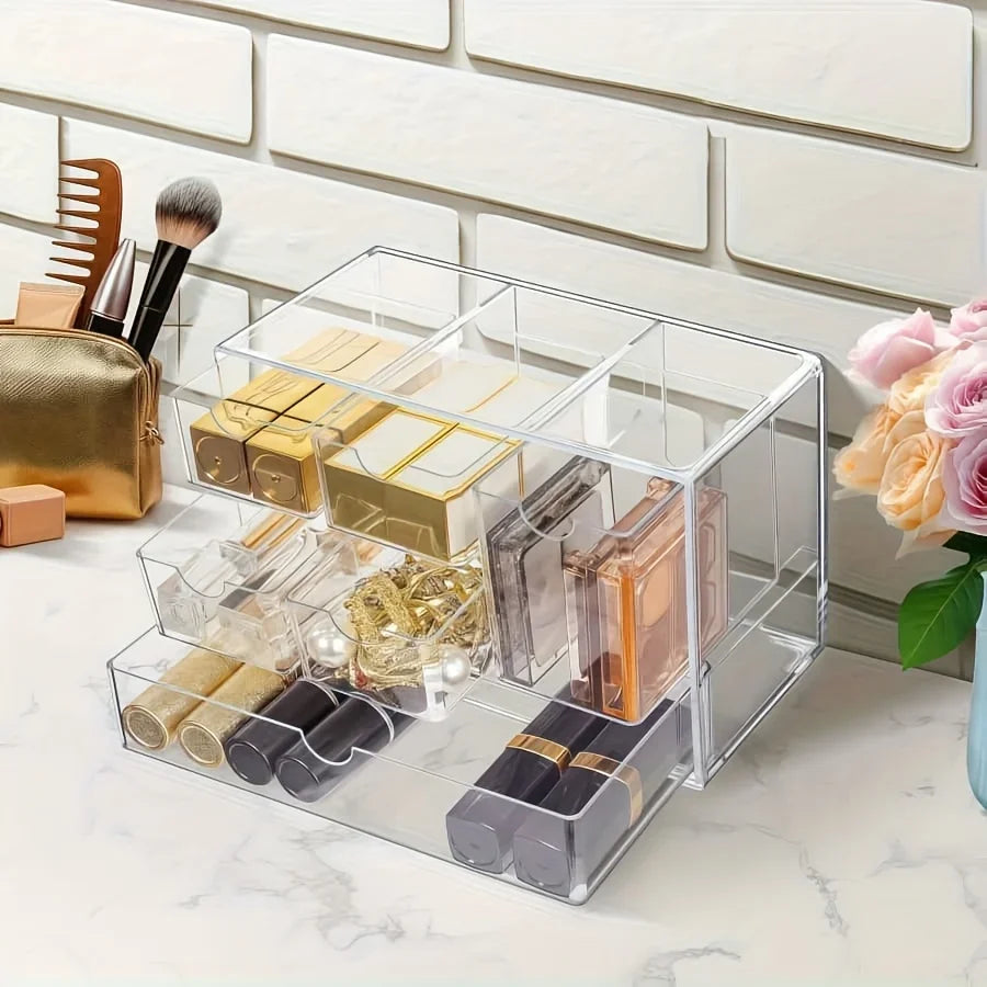 boîte rangement cosmétiques transparente moderne compartiments tiroirs empilable organisation pinceaux bijoux parfums