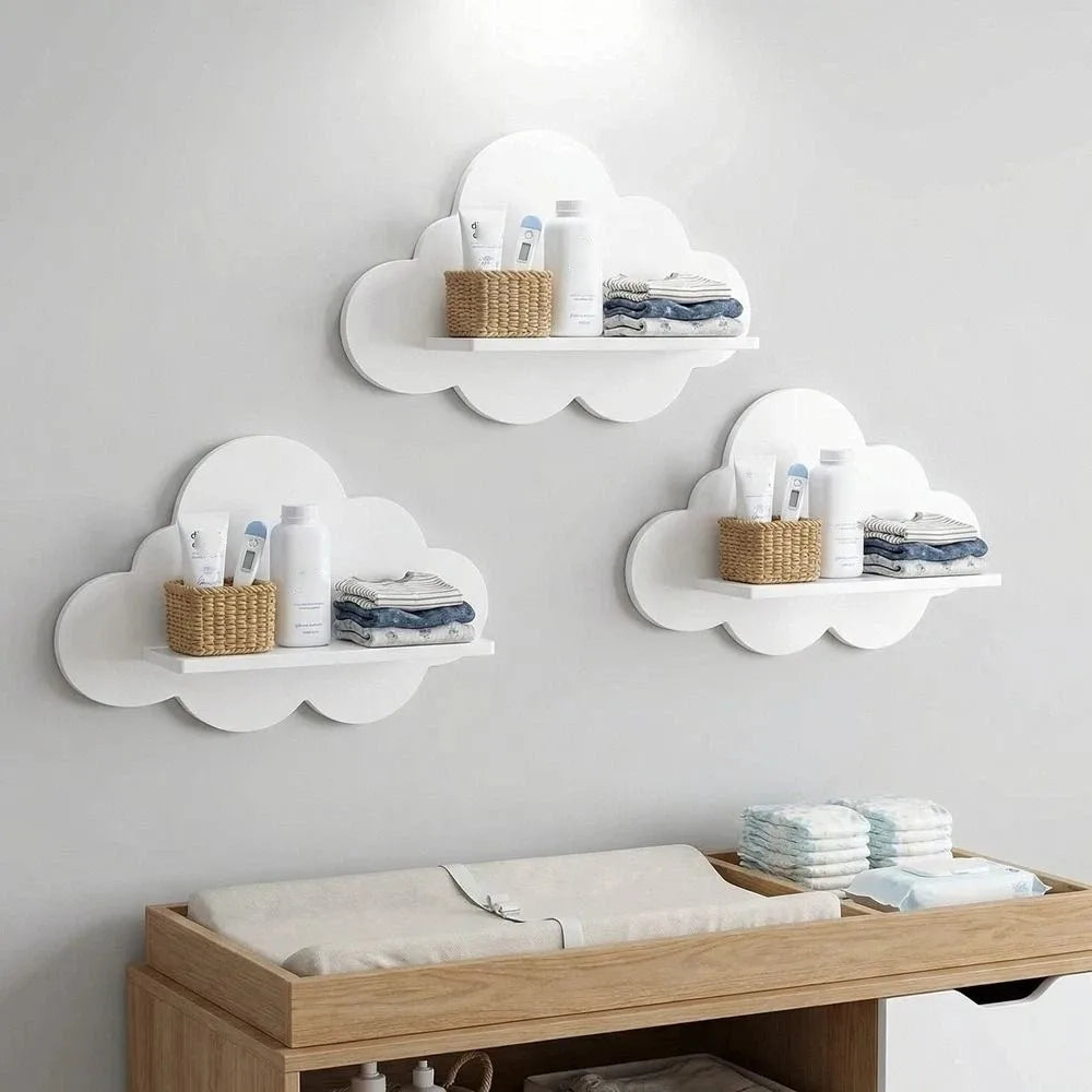 étagères murales nuage blanches modernes adhésives rangement bois pot fleurs cactus jouet