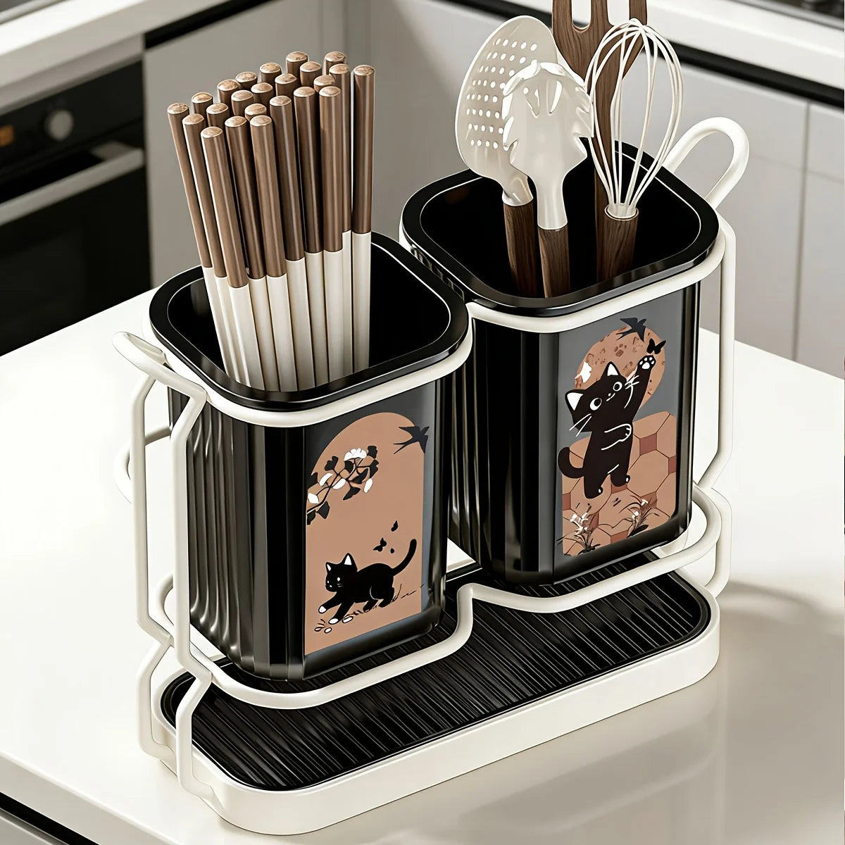 support ustensiles cuisine noir blanc chats imprimé moderne minimaliste drainage couteaux fourchette batteur scies